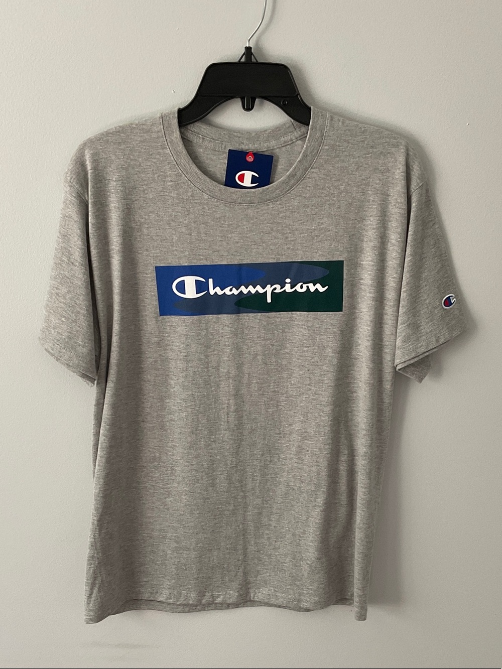Champion Gray Short-Sleeve Logo Tee with Blue-Green Box